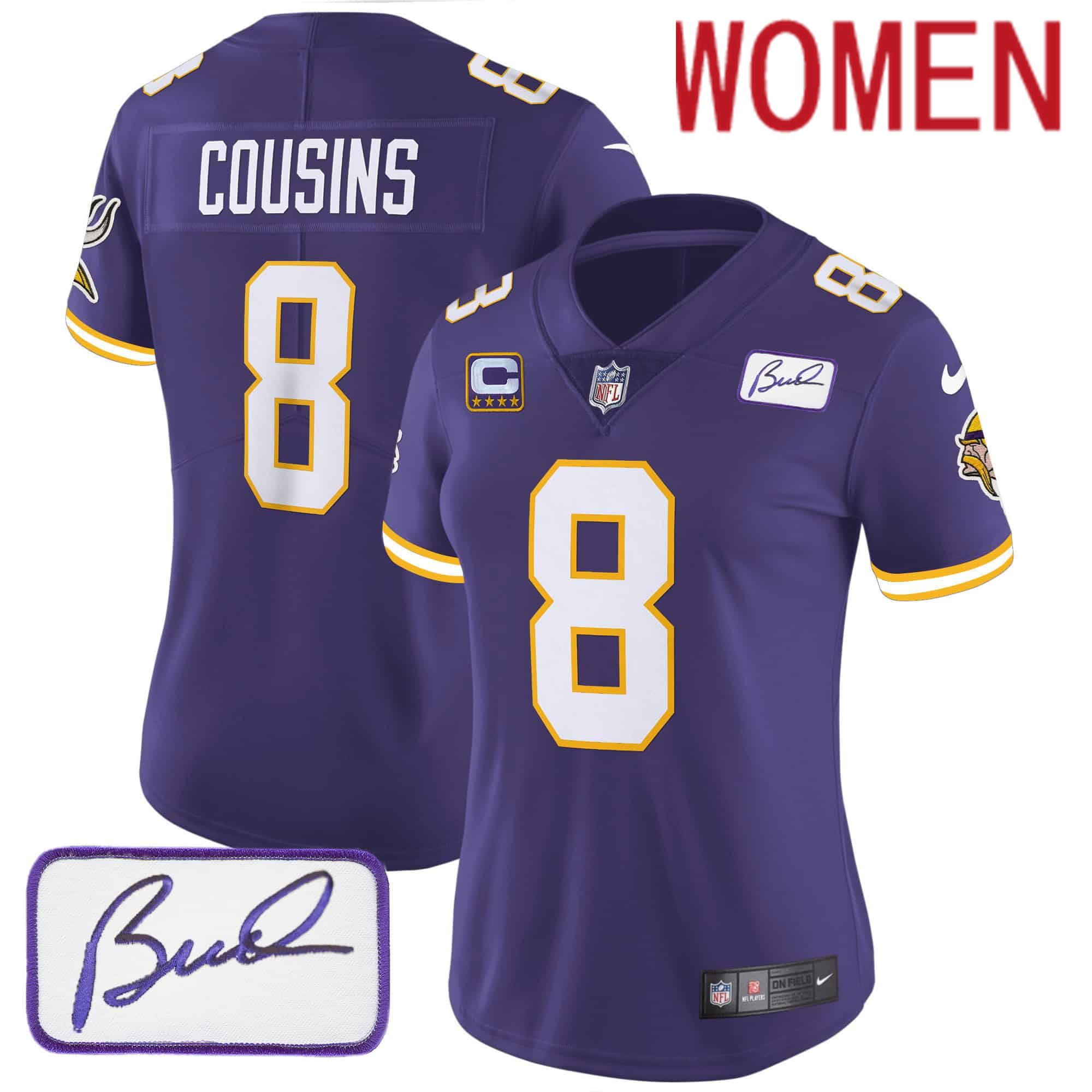 Women Minnesota Vikings #8 Cousins Purple 2024 Nike Bud Grant Patch Classic Limited NFL Jersey style 3